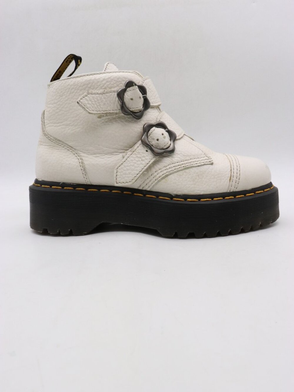 Doc Dr Martens Devon Flower Platform Women's 8 White Leather Chunky Buckle Shoes